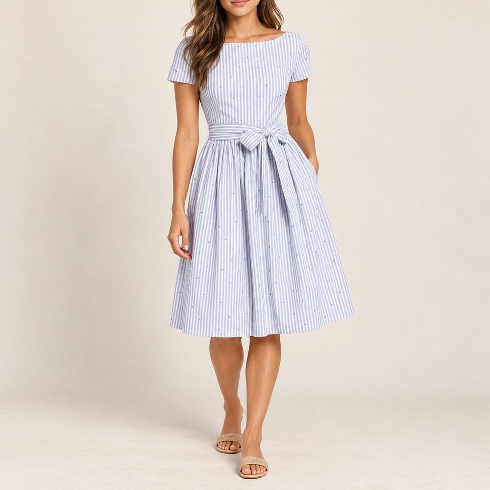 1901 Nordstrom Blue White Stripe Dot Cotton Midi Dress 6P Petite
